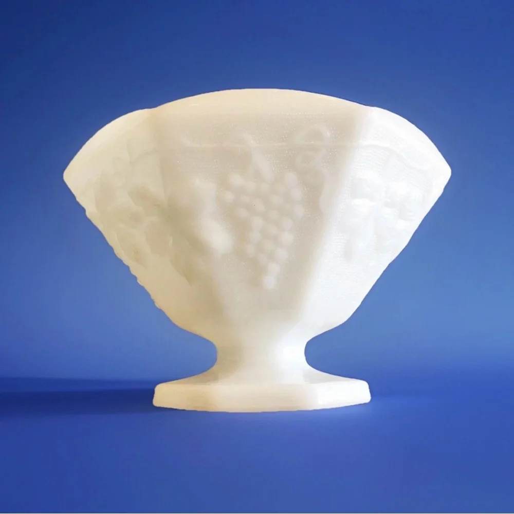 Milk Glass Fruit Bowl Pedestal Footed Grapevine Design Octogonal Shape Vintage